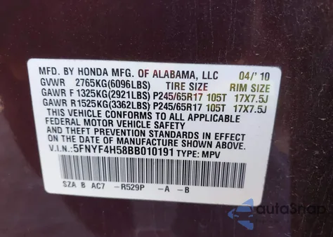 2011 Honda Pilot Ex-L from USA, damaged, VIN 5FNYF4H58BB010191